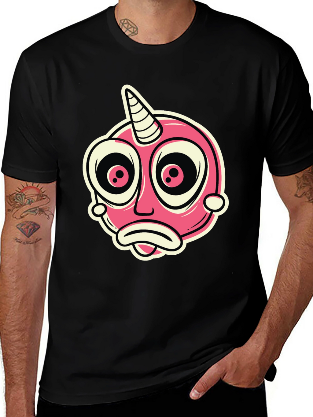 Cartoon Unicorn Creature Graphic Black T-Shirt