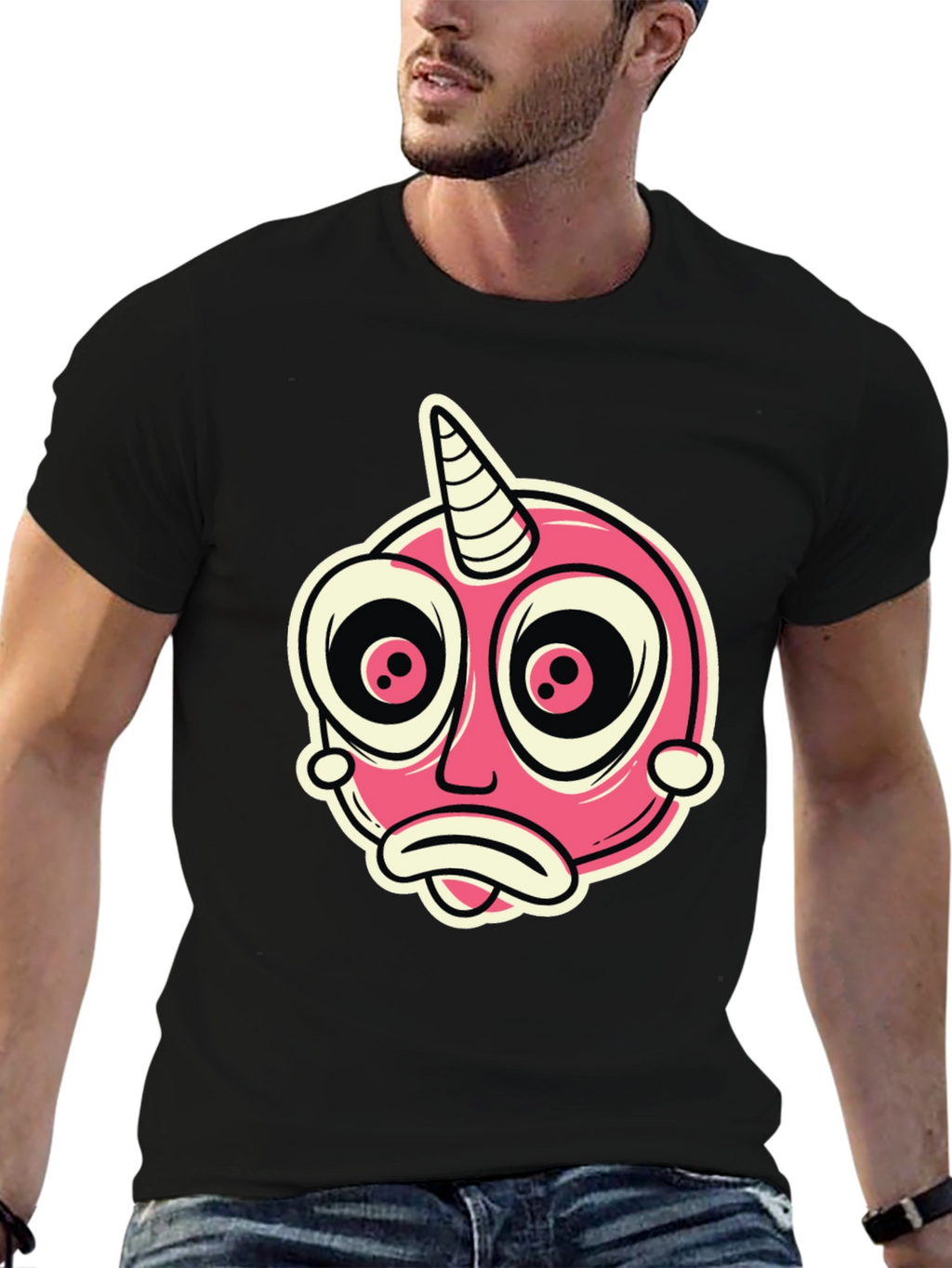 Cartoon Unicorn Creature Graphic Black T-Shirt