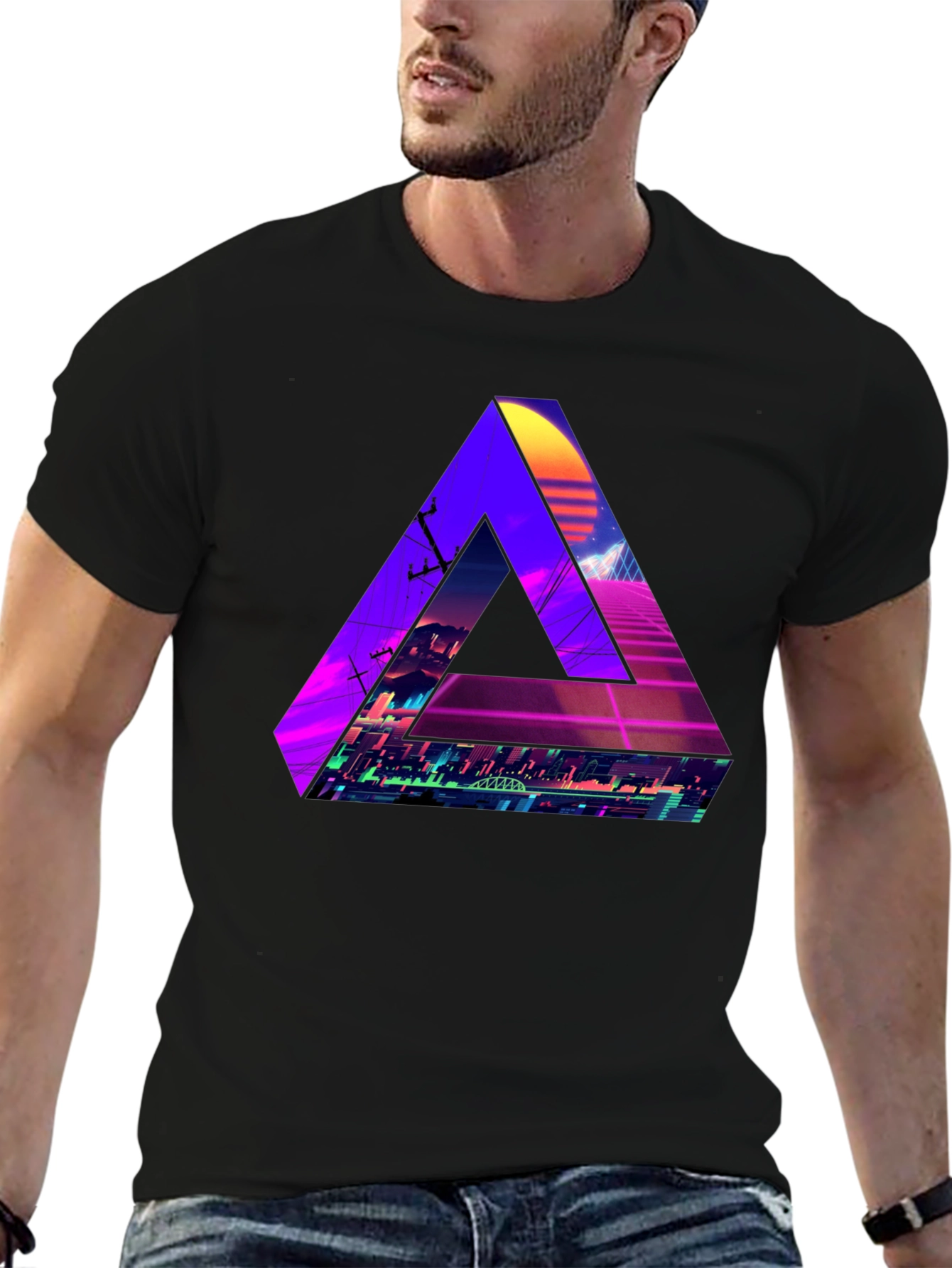 Retro Wave Triangle Graphic T-Shirt - Black