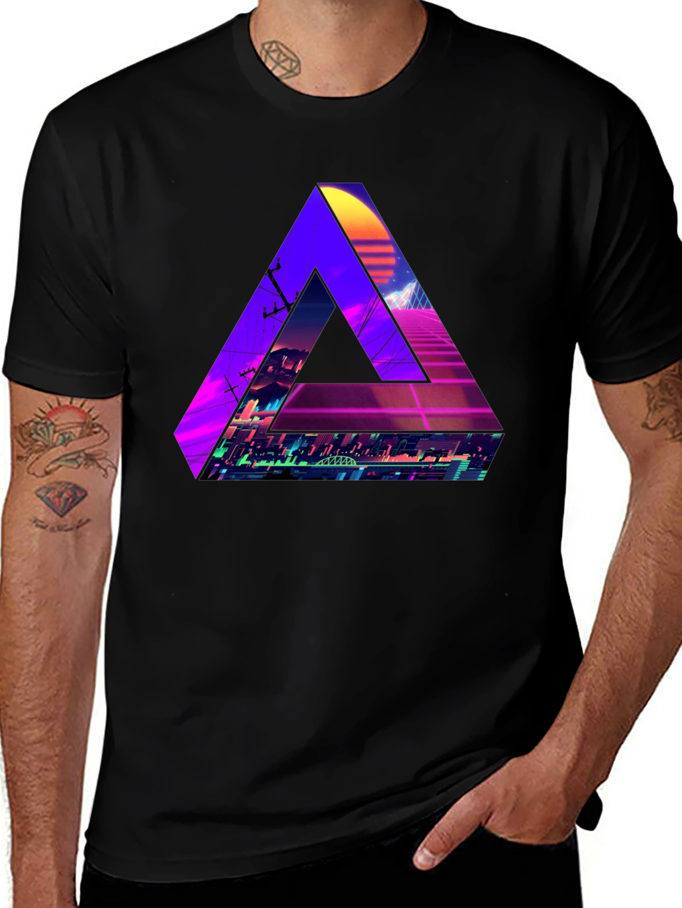 Retro Wave Triangle Graphic T-Shirt - Black