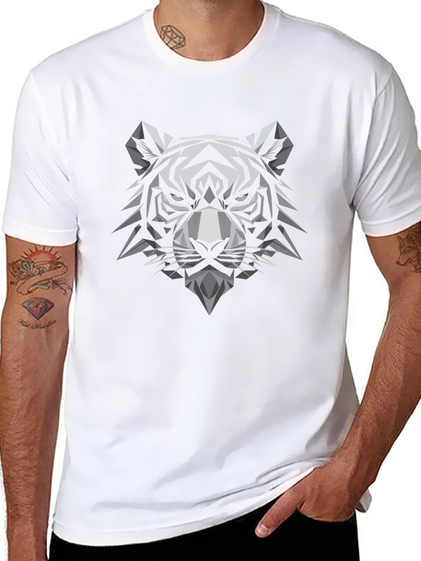 Geometric Tiger Head Graphic Tee - Black