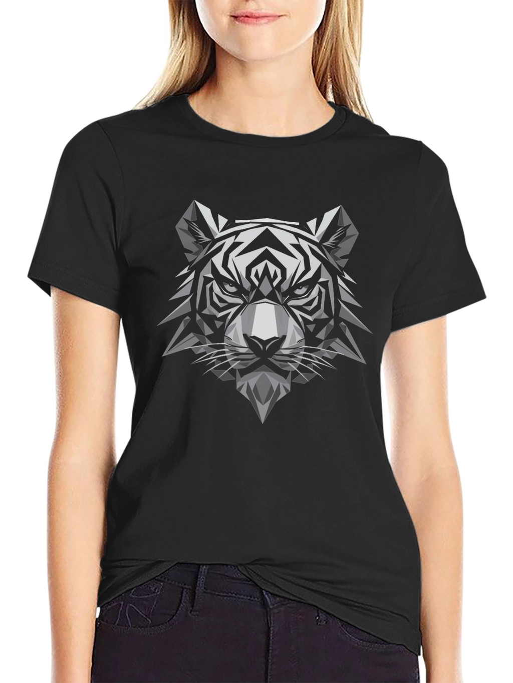 Geometric Tiger Head Graphic Tee - Black