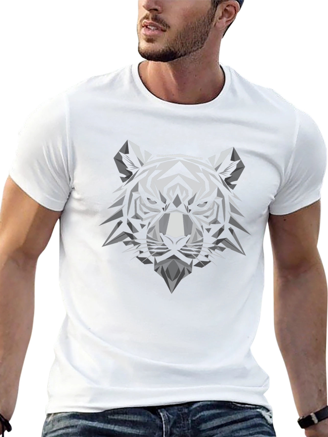 Geometric Tiger Head Graphic Tee - Black