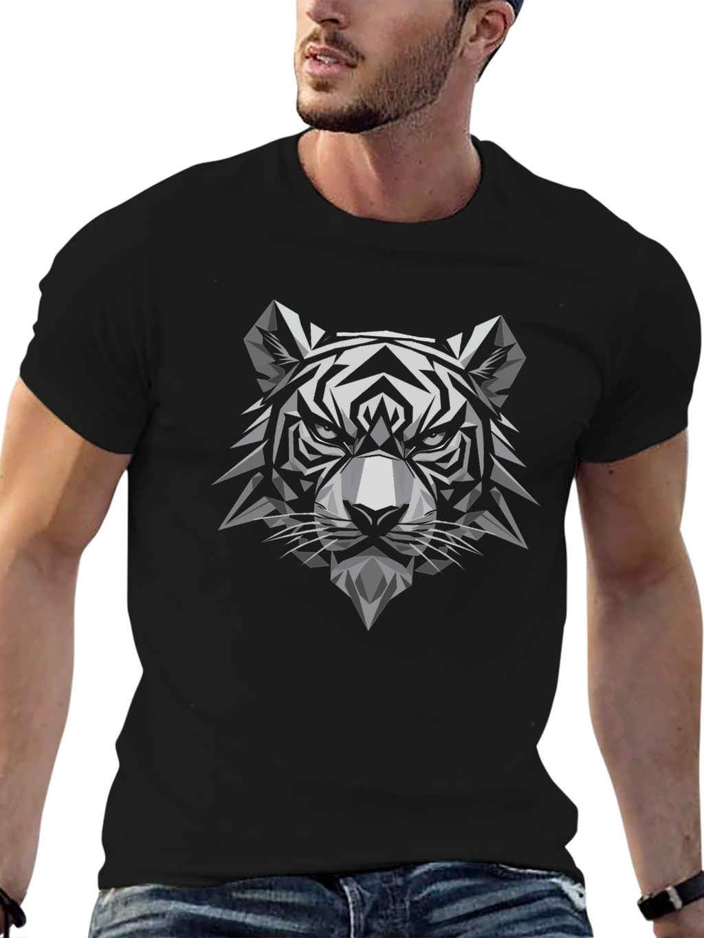 Geometric Tiger Head Graphic Tee - Black