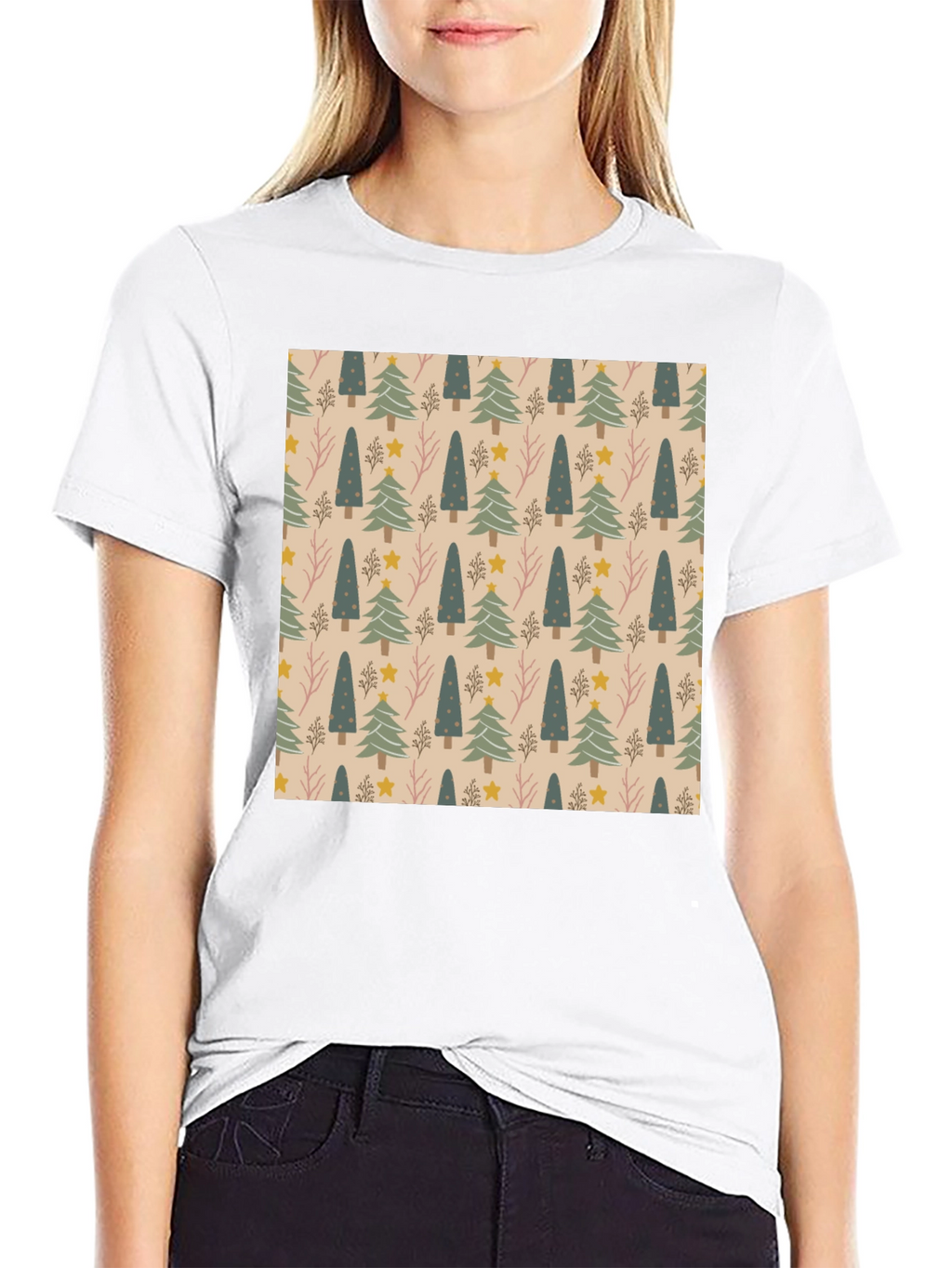 Festive Tree Pattern Crew Neck T-Shirt