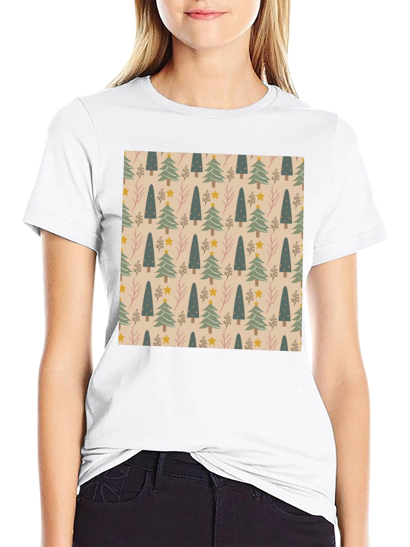 Festive Tree Pattern Crew Neck T-Shirt