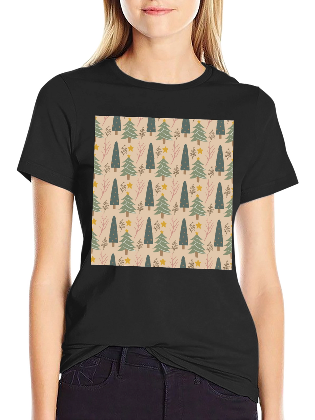 Festive Tree Pattern Crew Neck T-Shirt