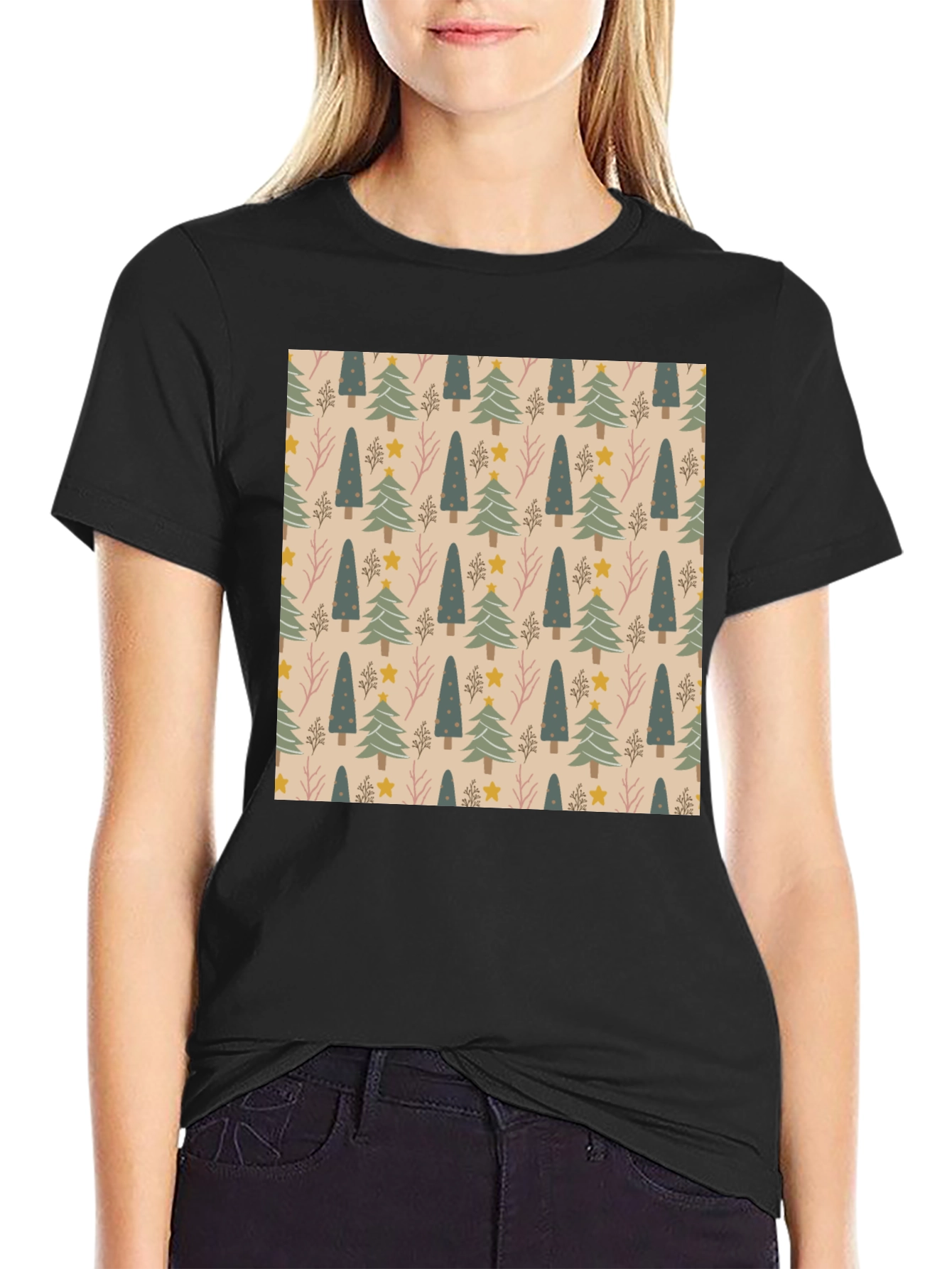 Festive Tree Pattern Crew Neck T-Shirt