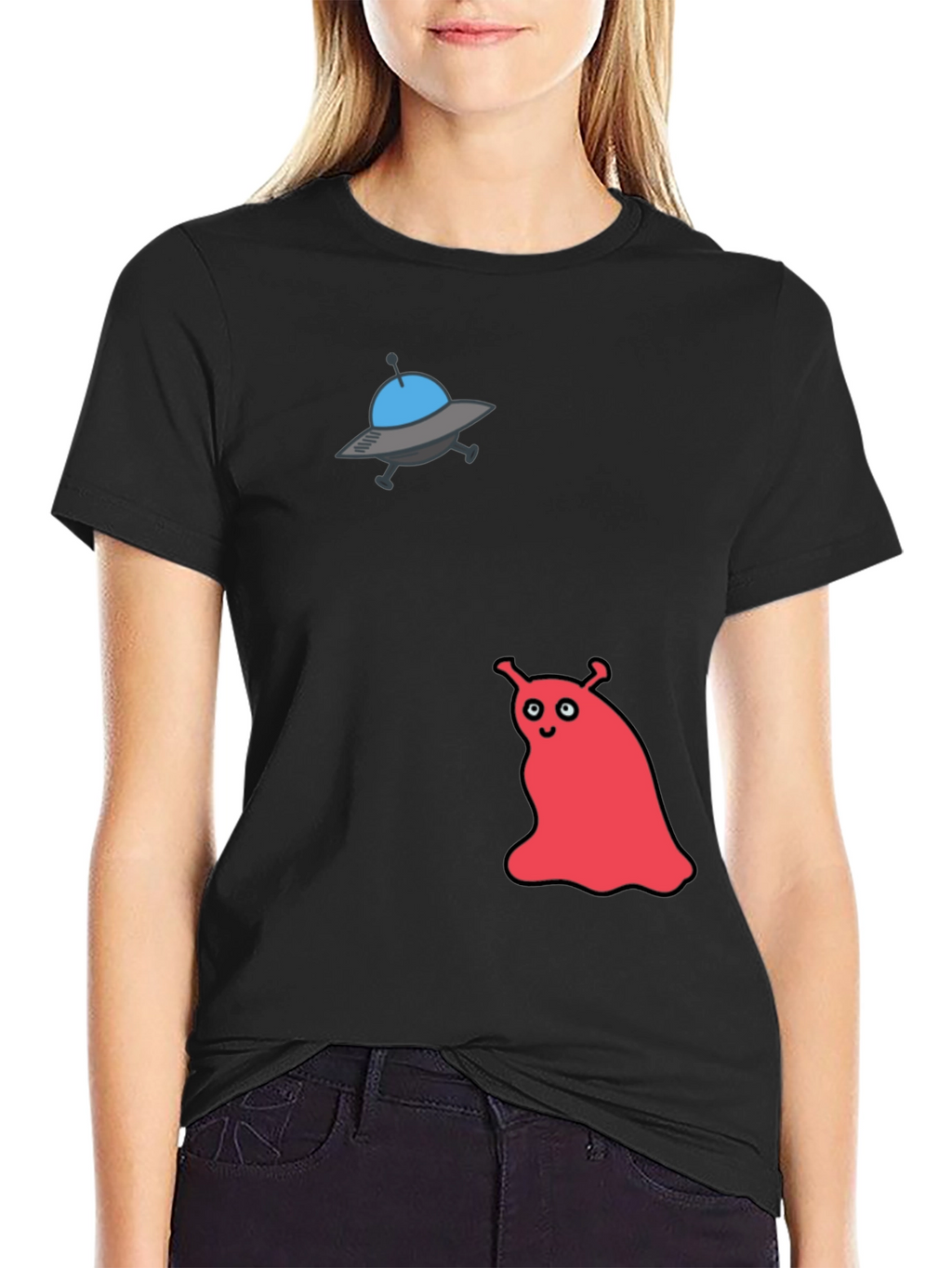 UFO & Red Alien Graphic Black T-Shirt