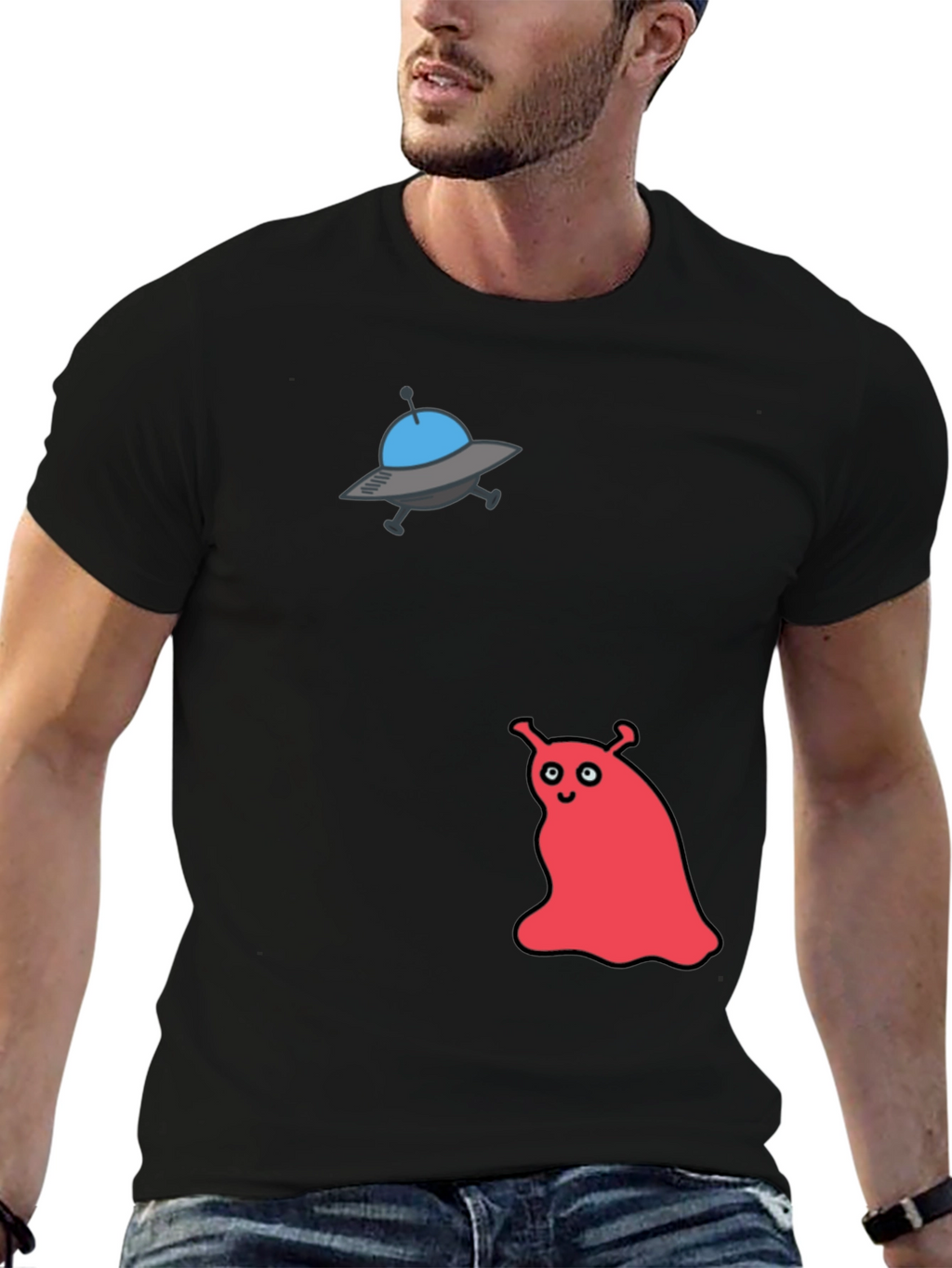 UFO & Red Alien Graphic Black T-Shirt