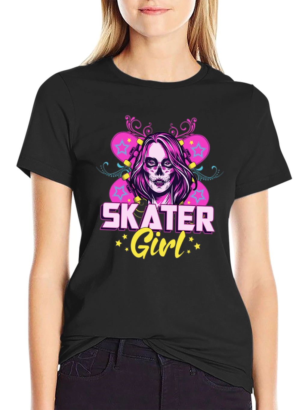 Skater Girl T-Shirt with Skull Face Design