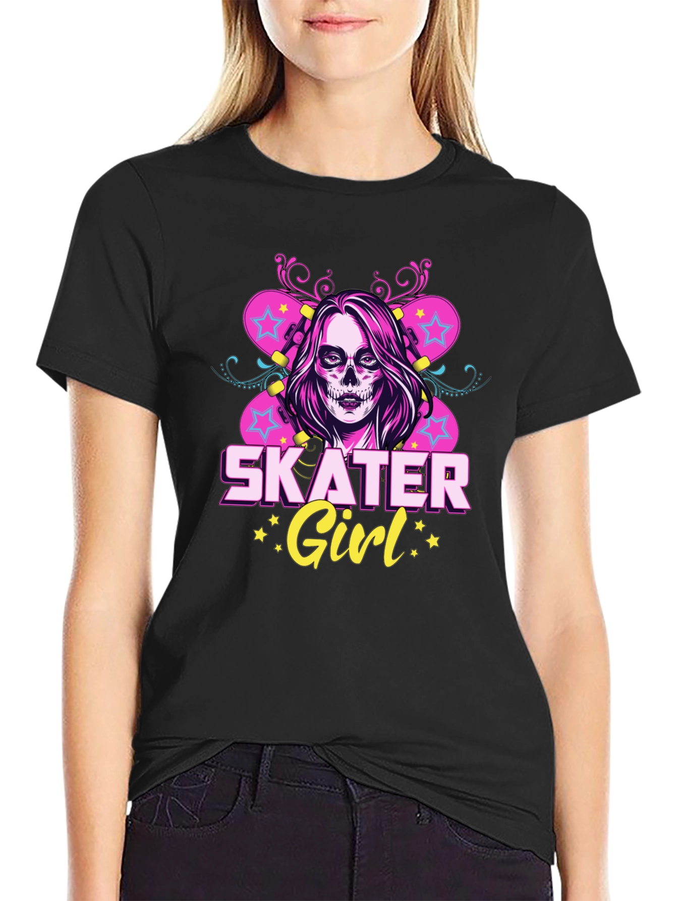 Skater Girl T-Shirt with Skull Face Design