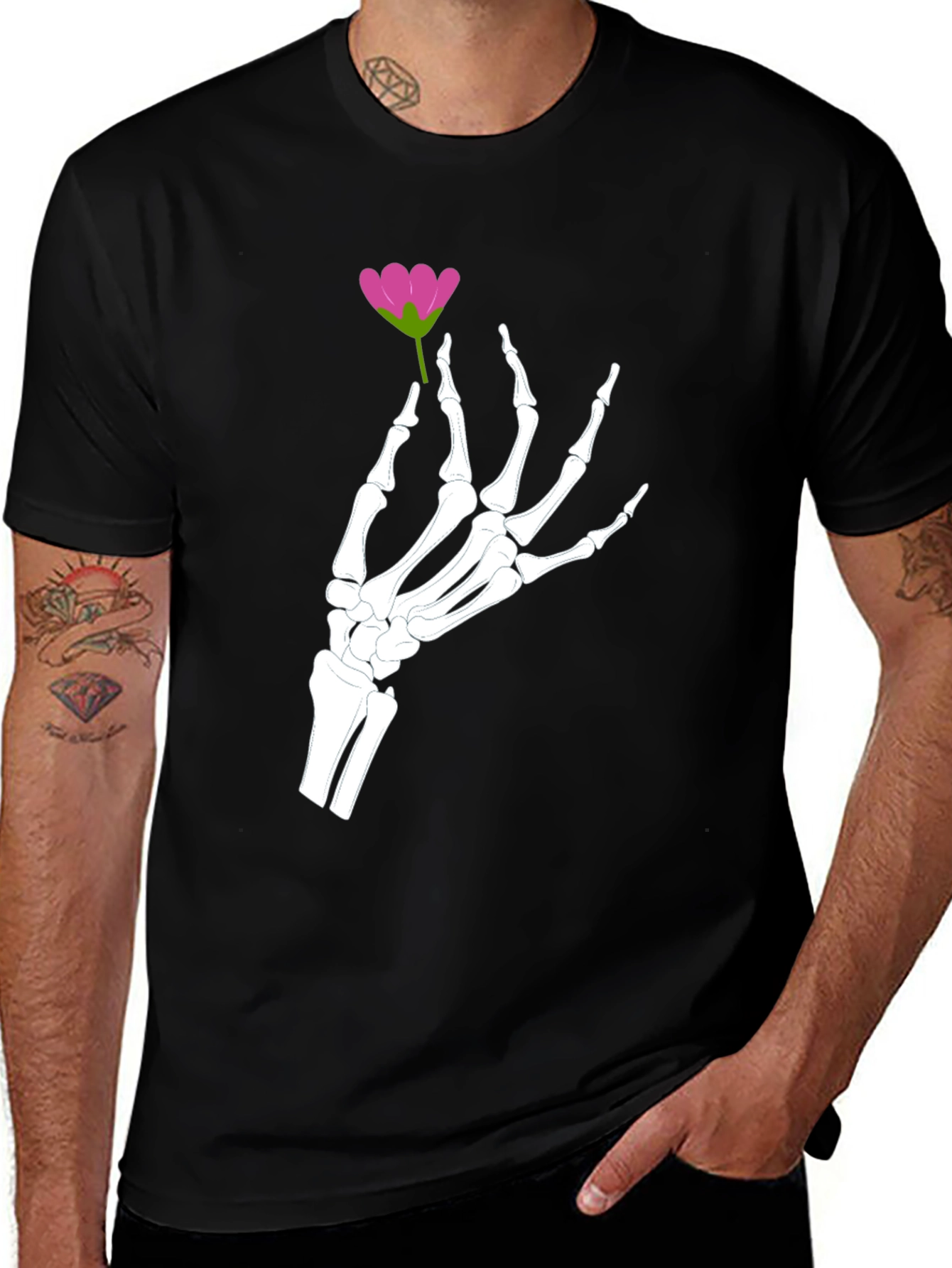 Floral Skeleton Hand Graphic Tee - Black