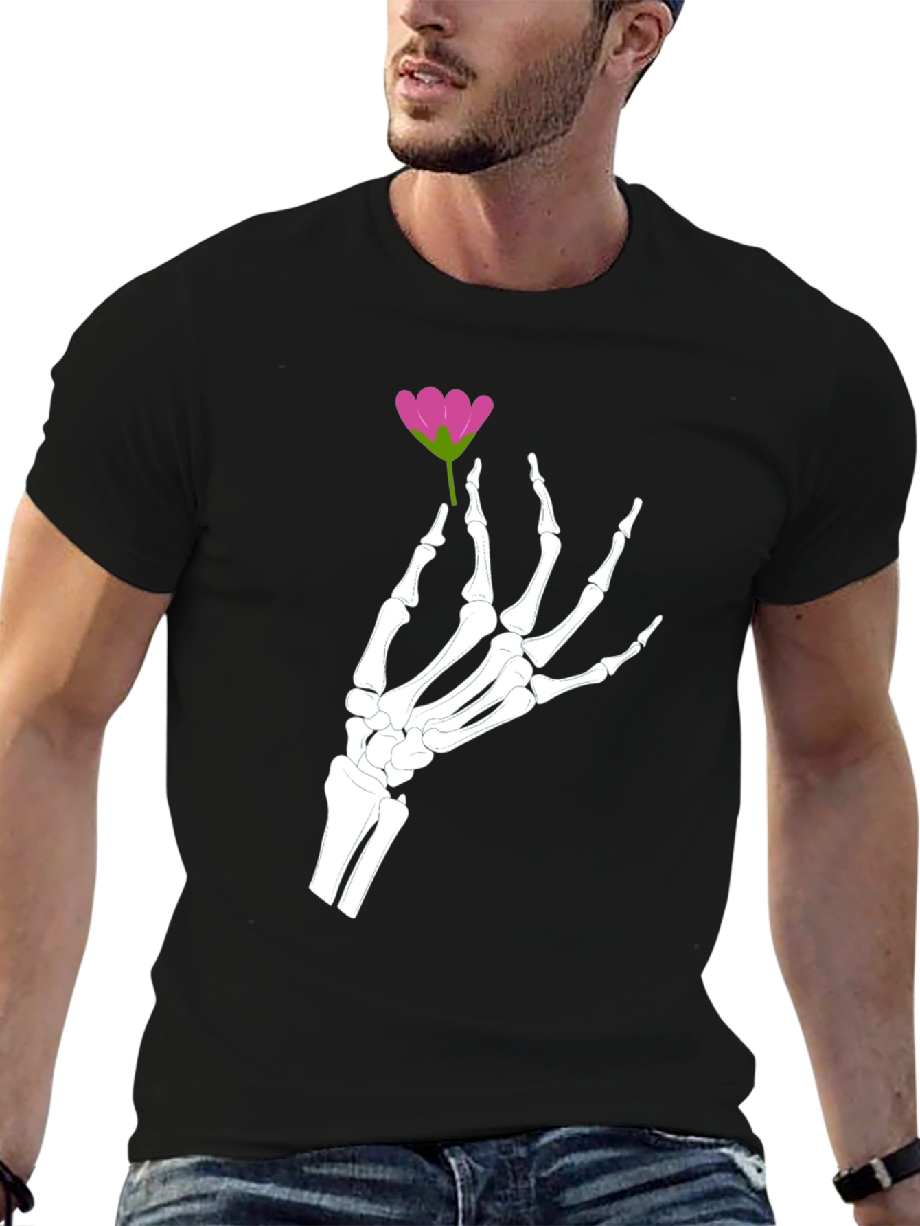 Floral Skeleton Hand Graphic Tee - Black