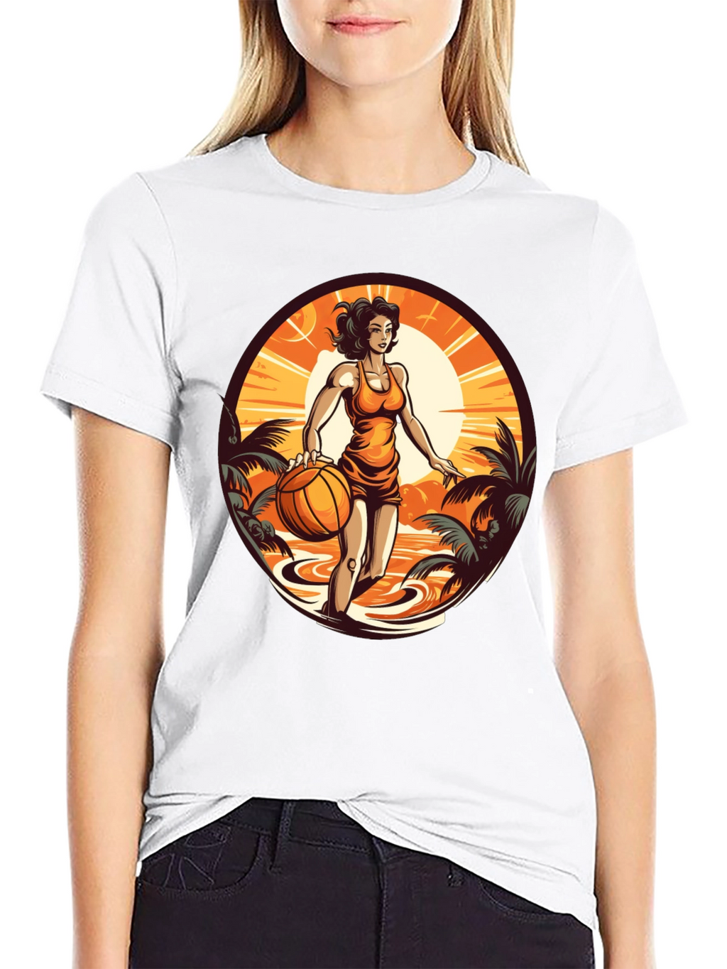 Tropical Basketball Girl Black Tee