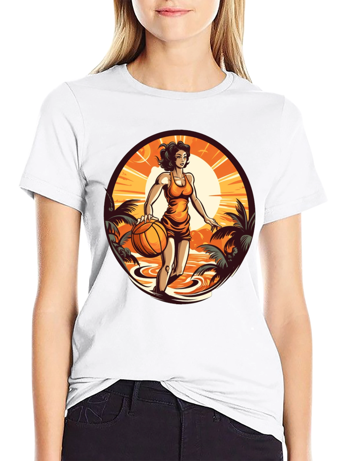 Tropical Basketball Girl Black Tee
