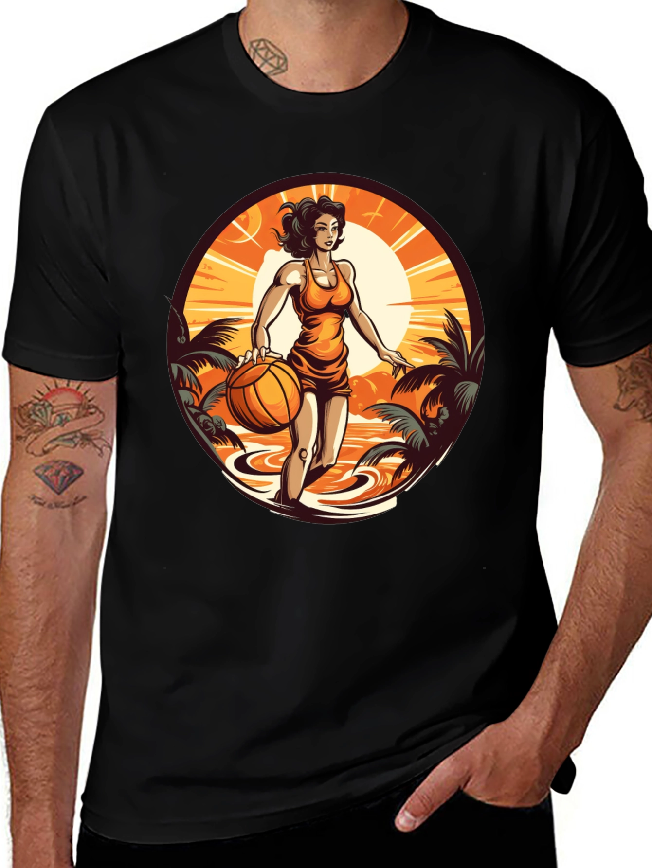Tropical Basketball Girl Black Tee