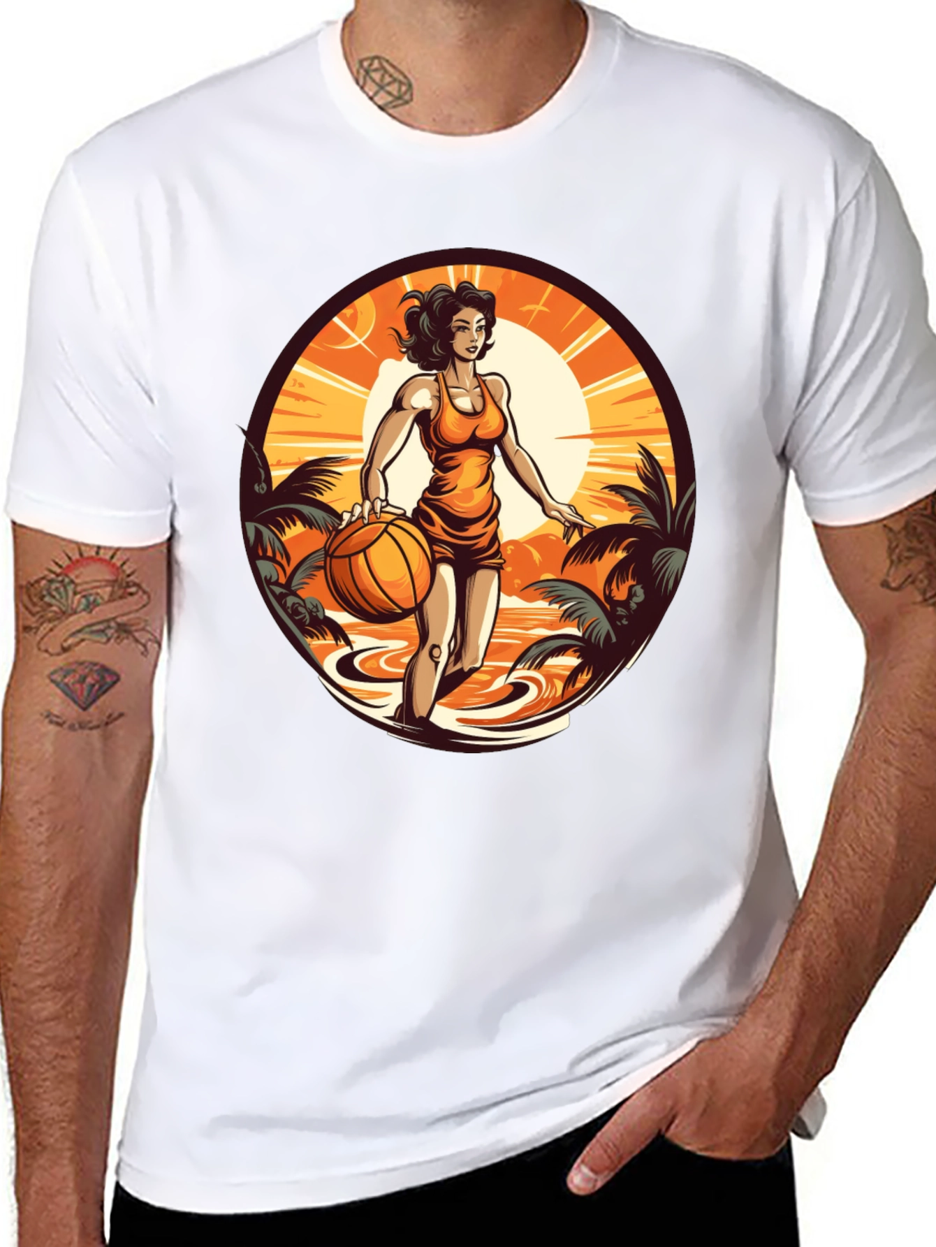 Tropical Basketball Girl Black Tee