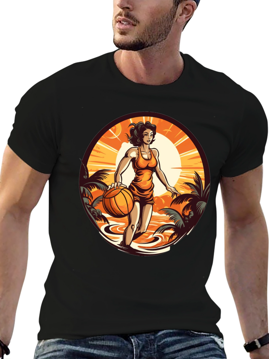 Tropical Basketball Girl Black Tee
