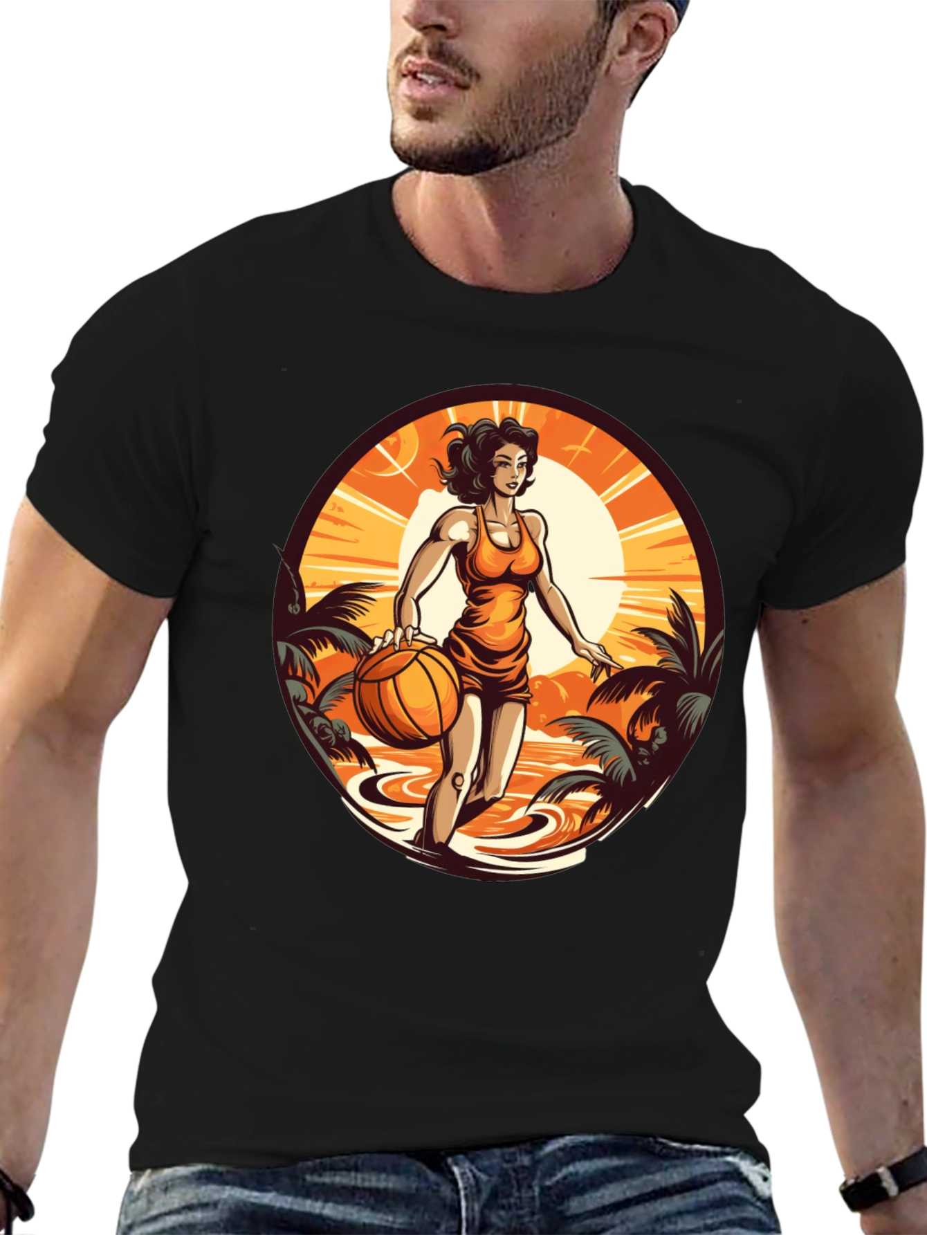Tropical Basketball Girl Black Tee
