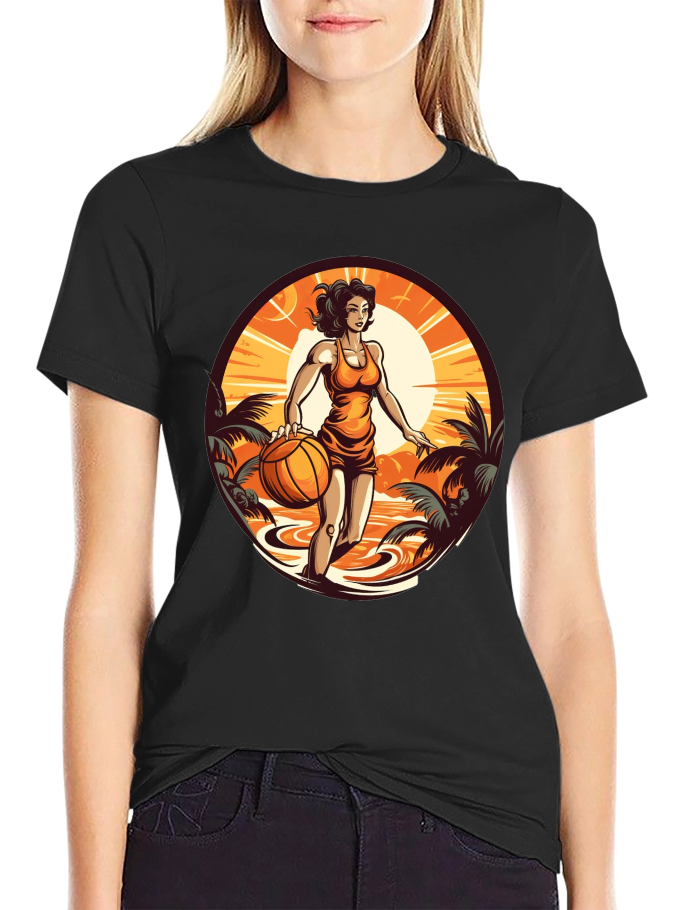 Tropical Basketball Girl Black Tee