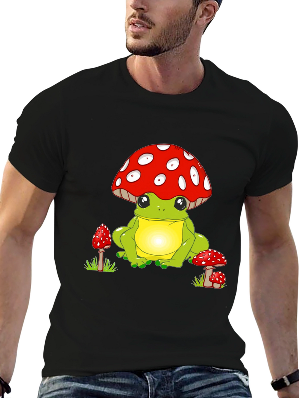 Frog with Mushroom Hat Black T-Shirt