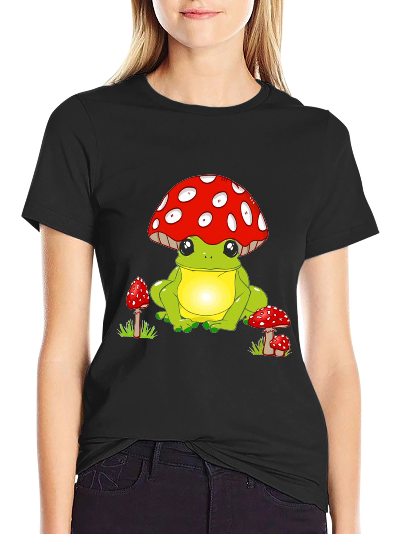 Frog with Mushroom Hat Black T-Shirt