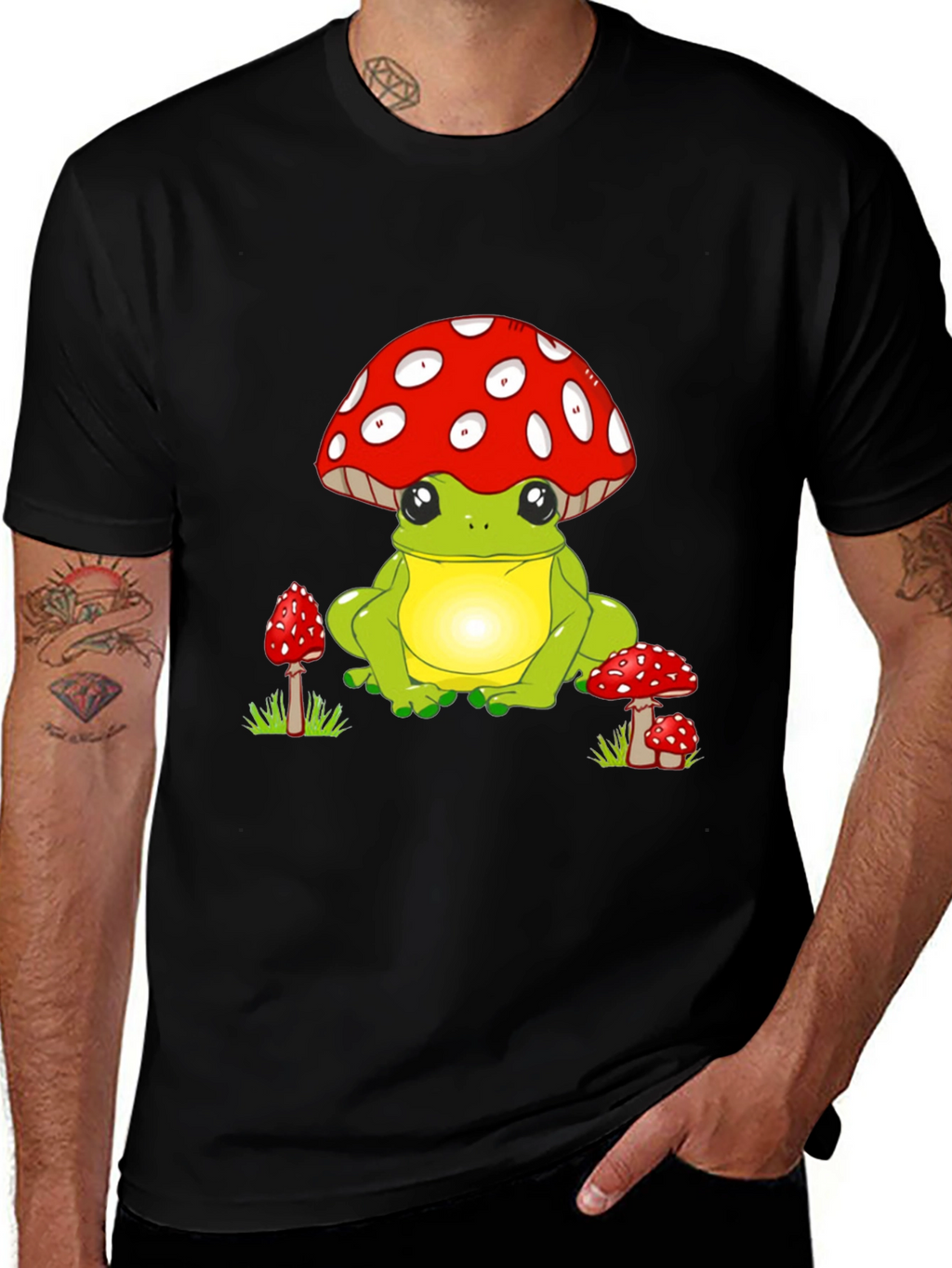 Frog with Mushroom Hat Black T-Shirt