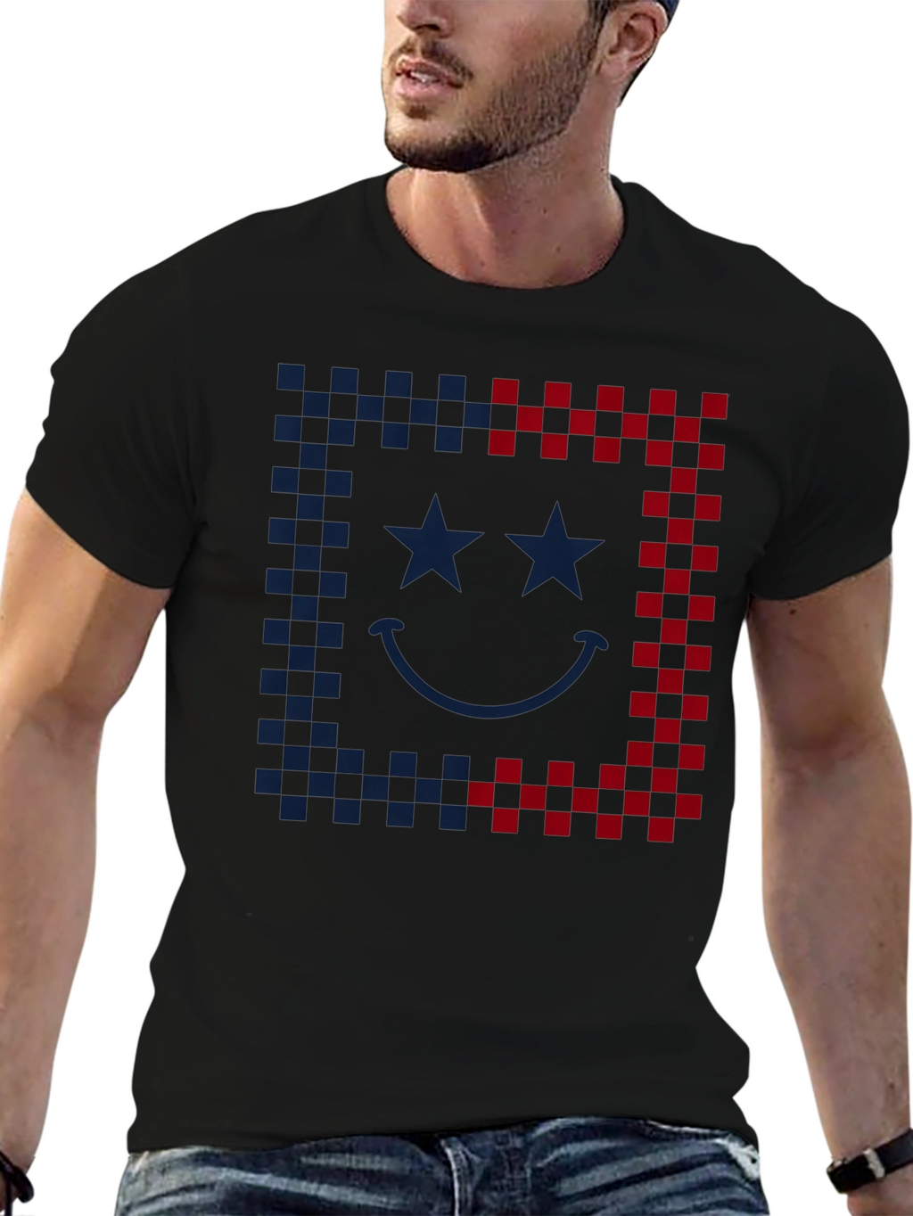 Smiley Face Checkered Border Graphic Tee