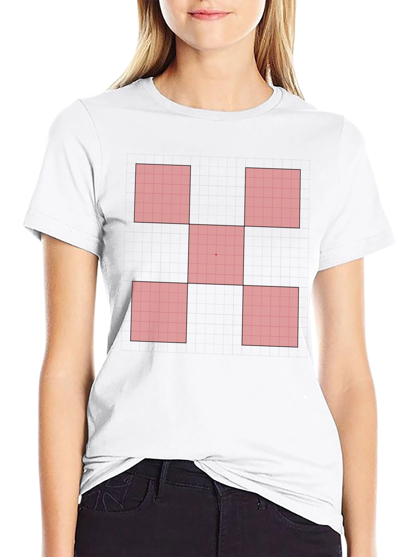 Geometric Red Square Pattern Black T-Shirt