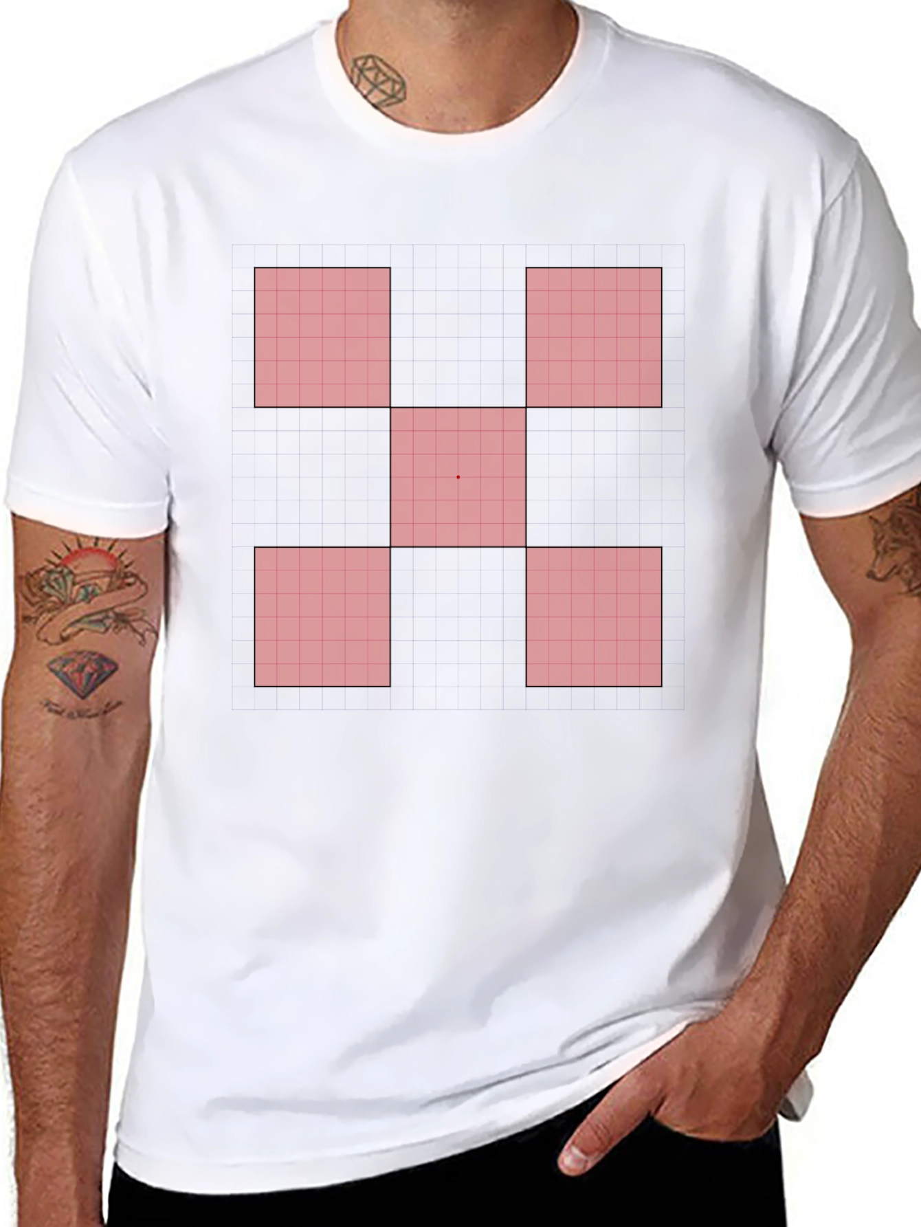 Geometric Red Square Pattern Black T-Shirt