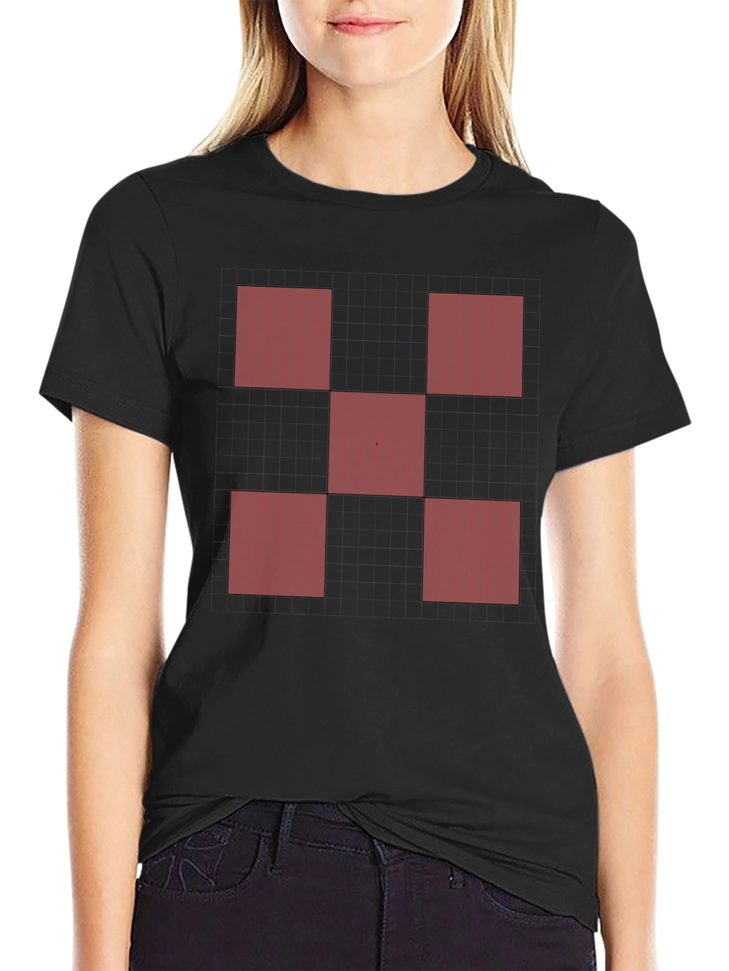 Geometric Red Square Pattern Black T-Shirt