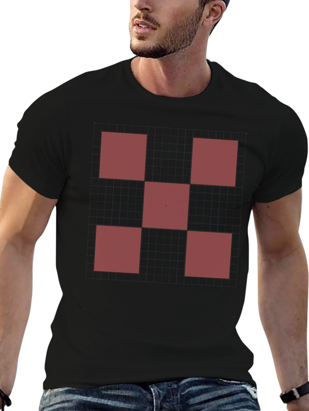Geometric Red Square Pattern Black T-Shirt