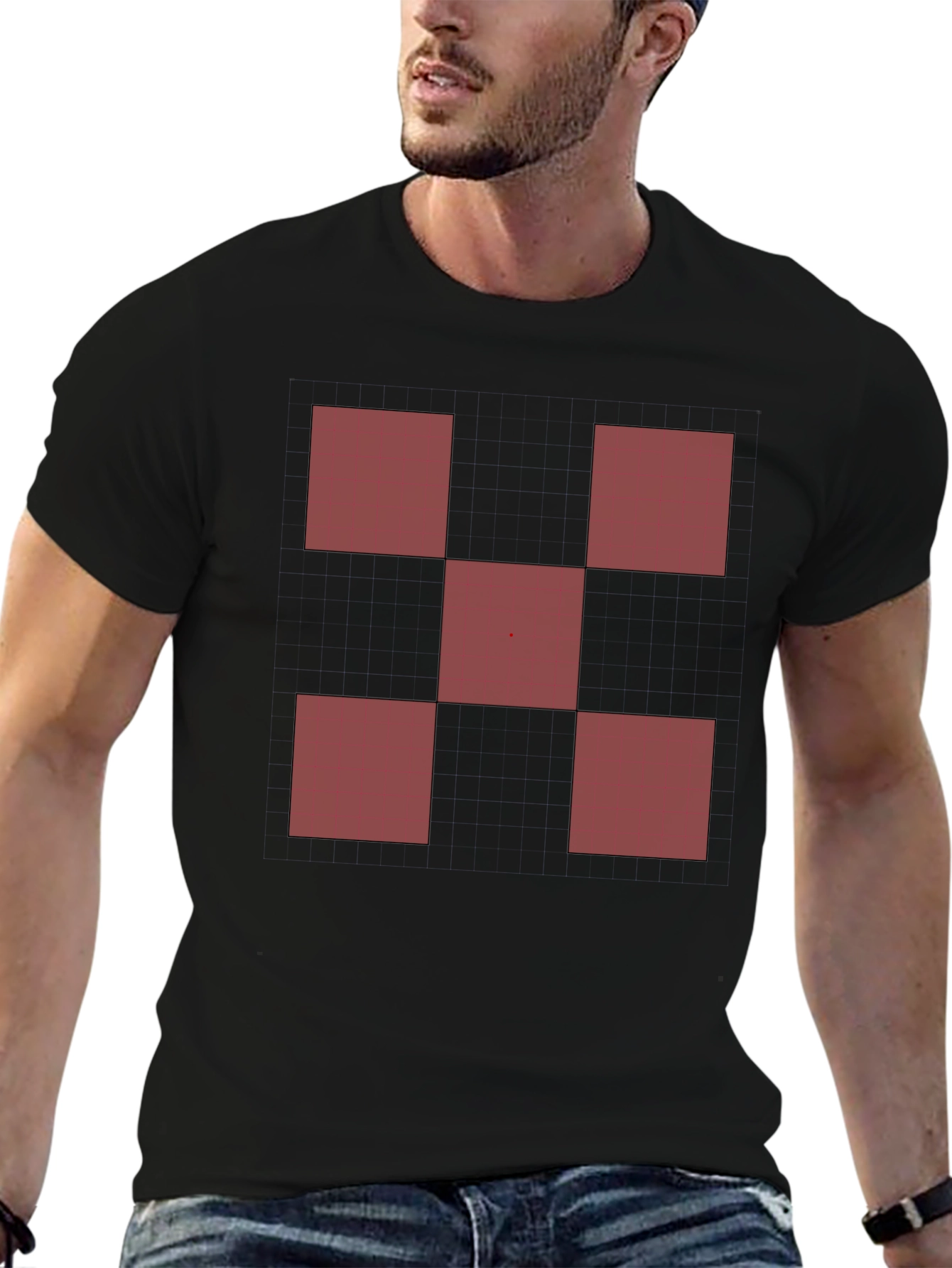Geometric Red Square Pattern Black T-Shirt