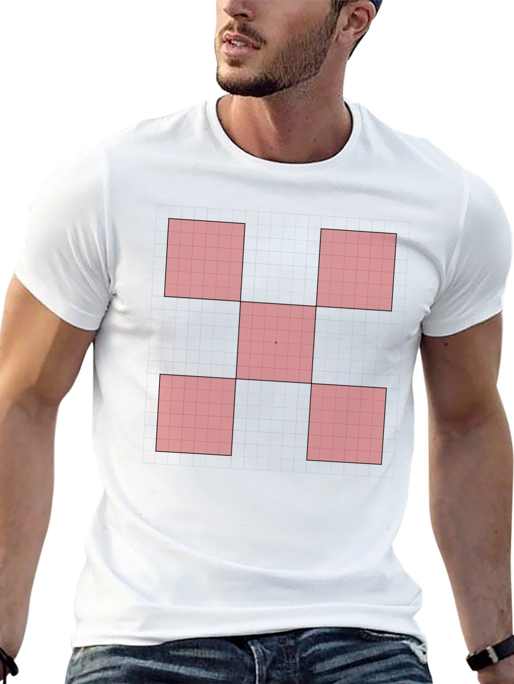 Geometric Red Square Pattern Black T-Shirt