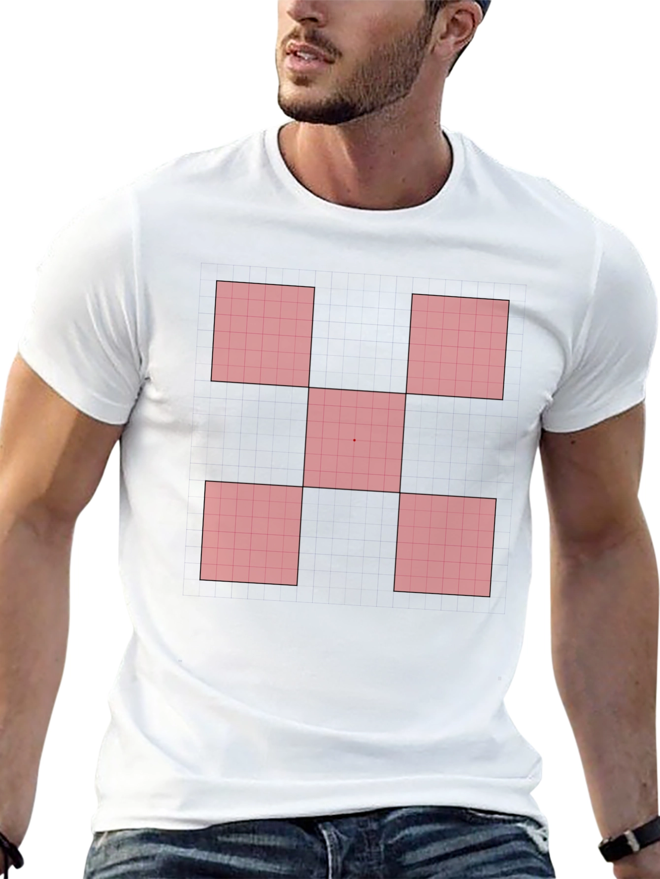 Geometric Red Square Pattern Black T-Shirt