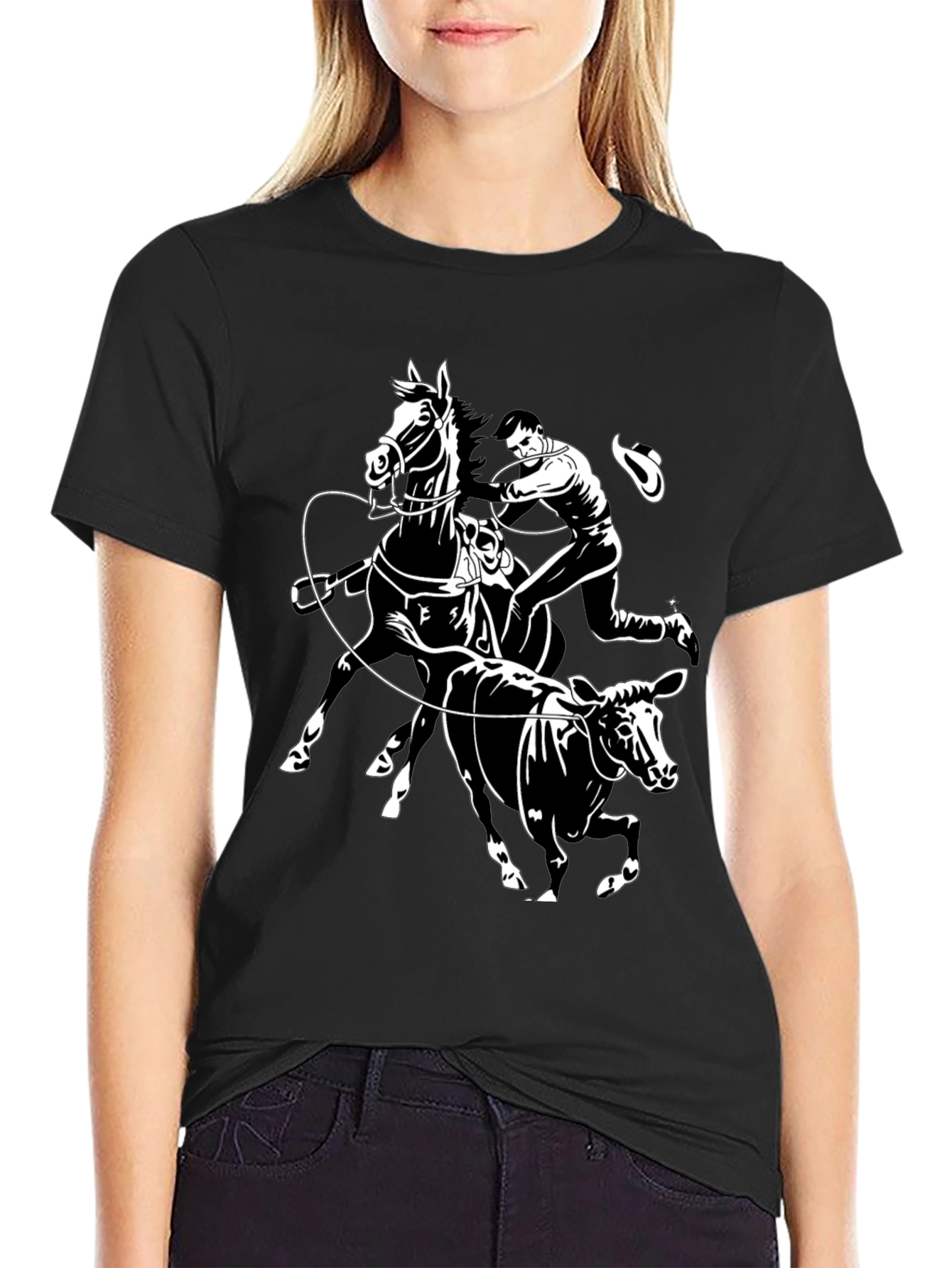 Cowboy Cattle Roping Black Graphic Tee