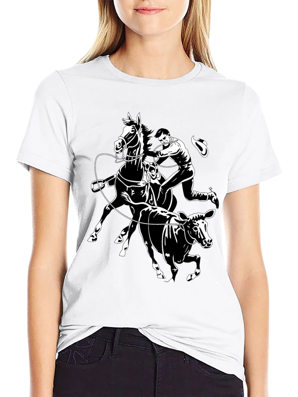 Cowboy Cattle Roping Black Graphic Tee