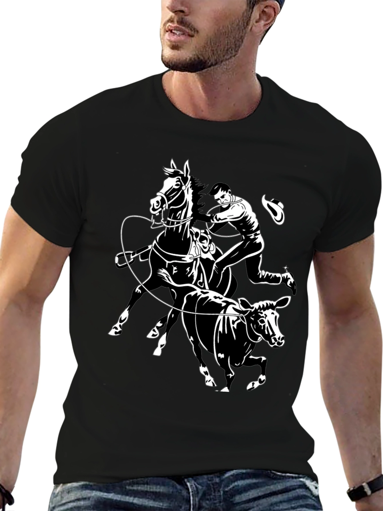 Cowboy Cattle Roping Black Graphic Tee