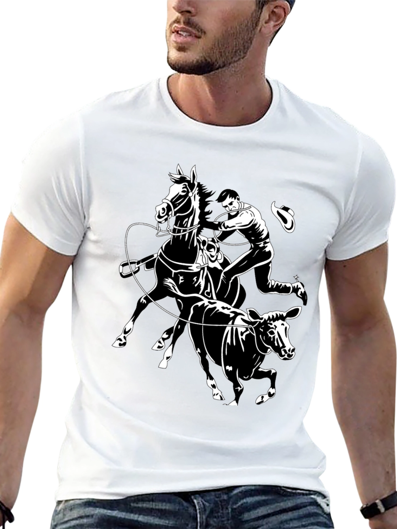Cowboy Cattle Roping Black Graphic Tee