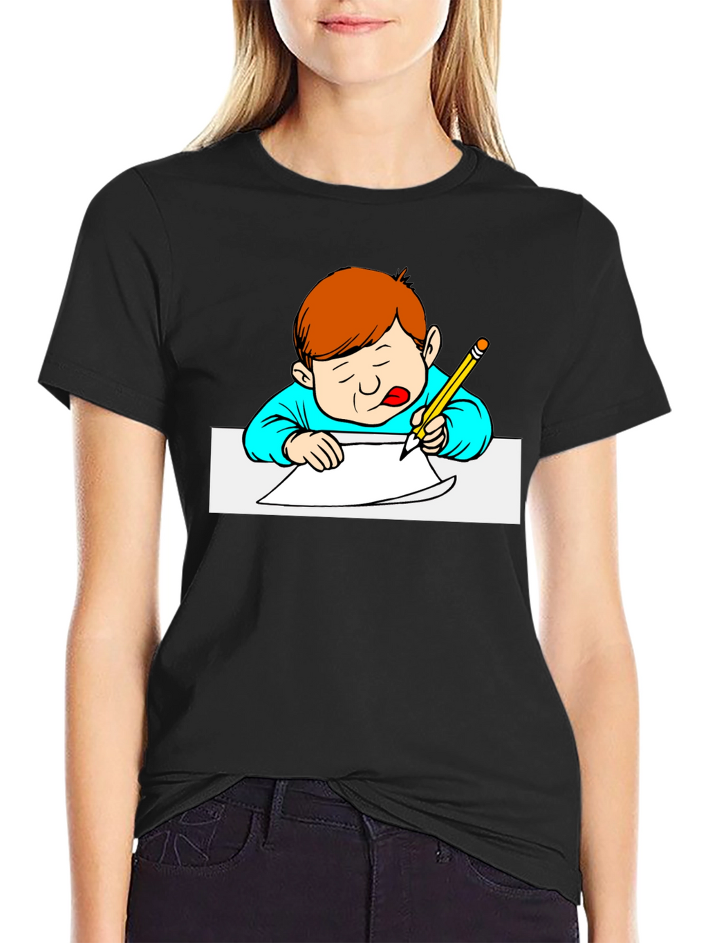 Cartoon Kid Writing Black T-Shirt