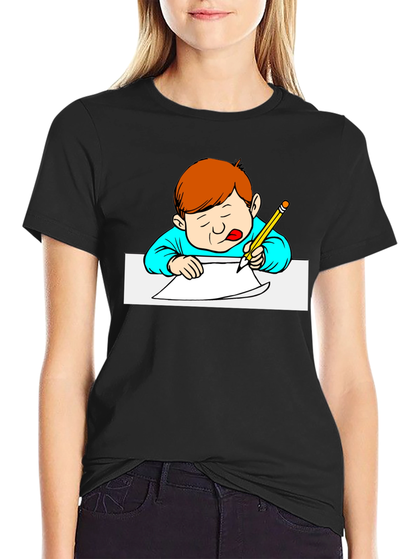 Cartoon Kid Writing Black T-Shirt