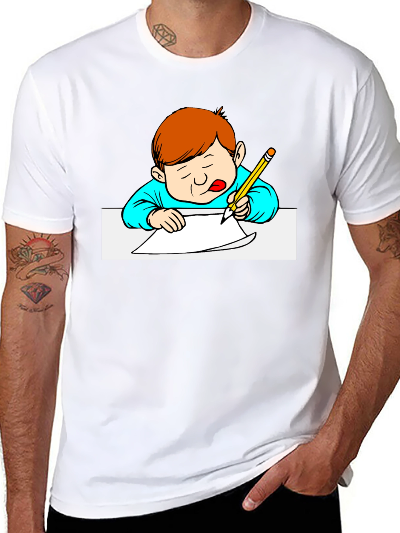 Cartoon Kid Writing Black T-Shirt