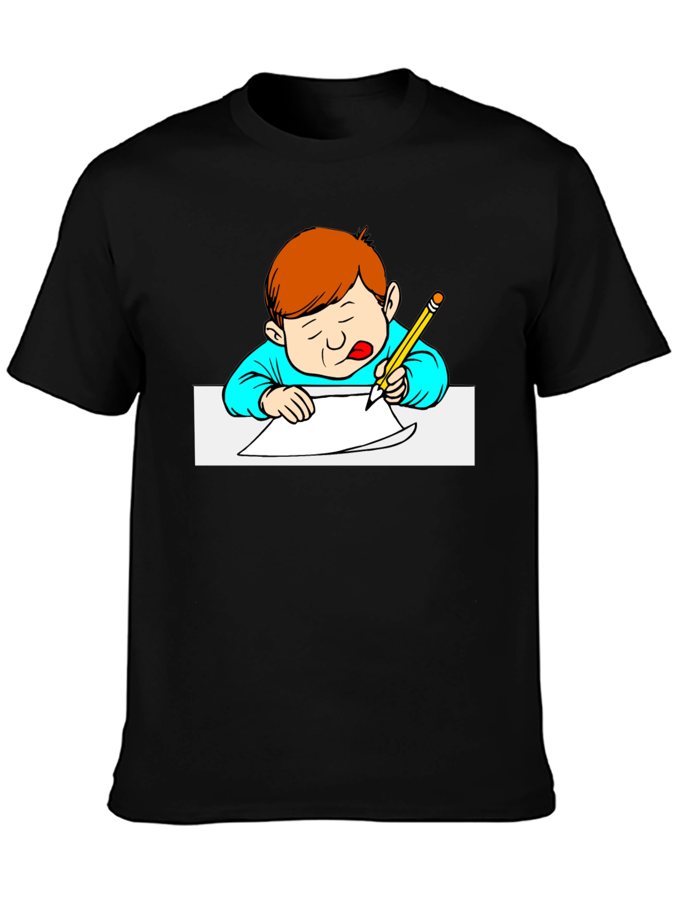 Cartoon Kid Writing Black T-Shirt