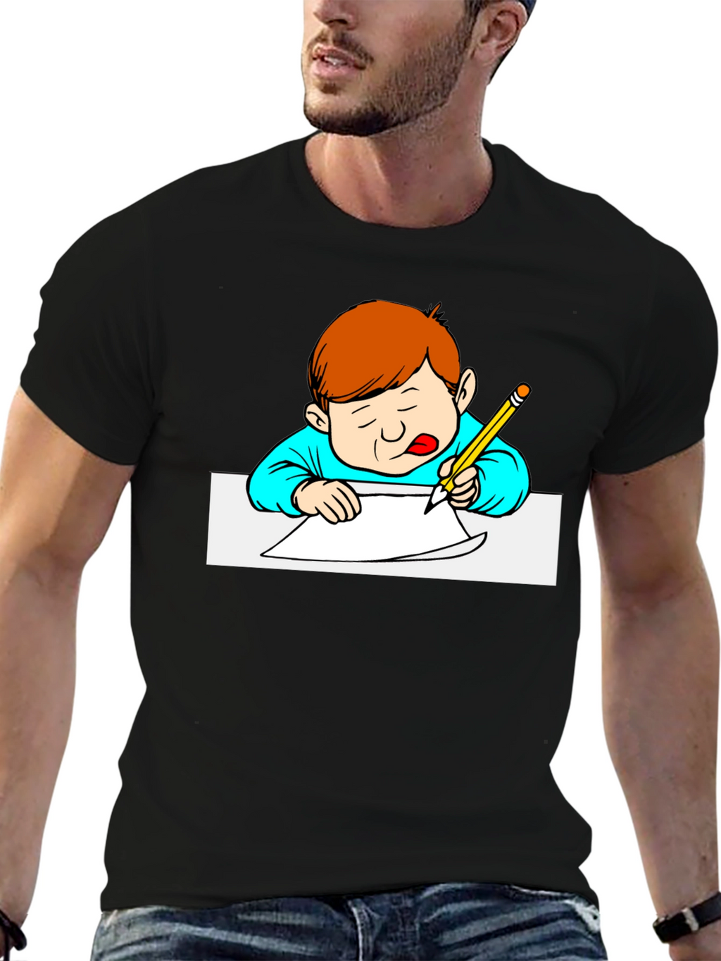 Cartoon Kid Writing Black T-Shirt
