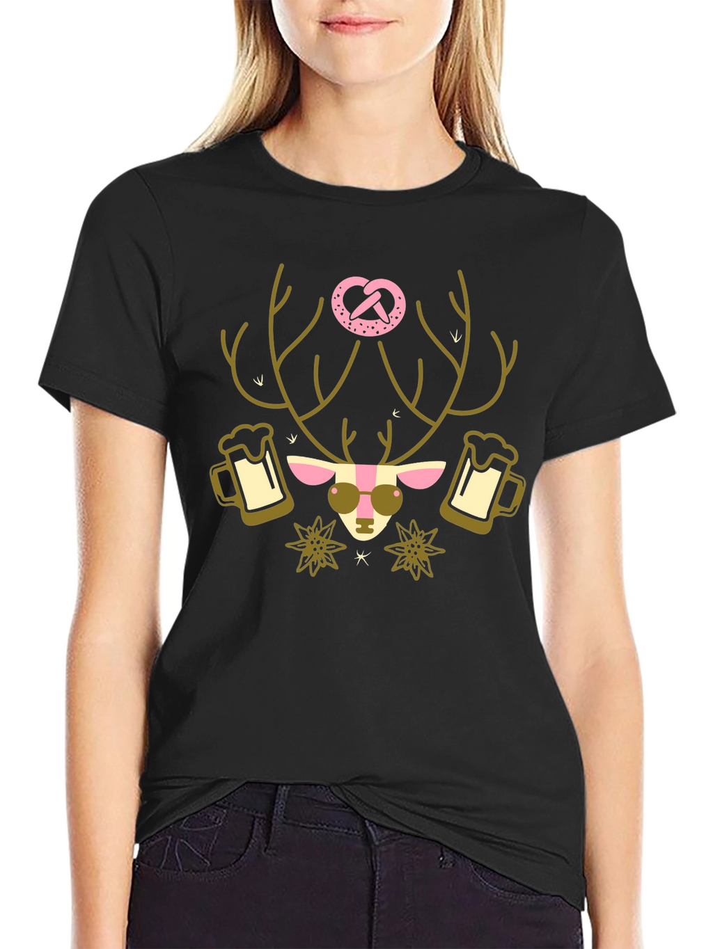 Oktoberfest Deer Pretzel T-Shirt - Black