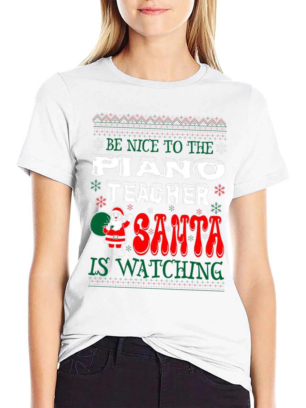 Funny Christmas Piano Teacher Santa Watching T-Shirt