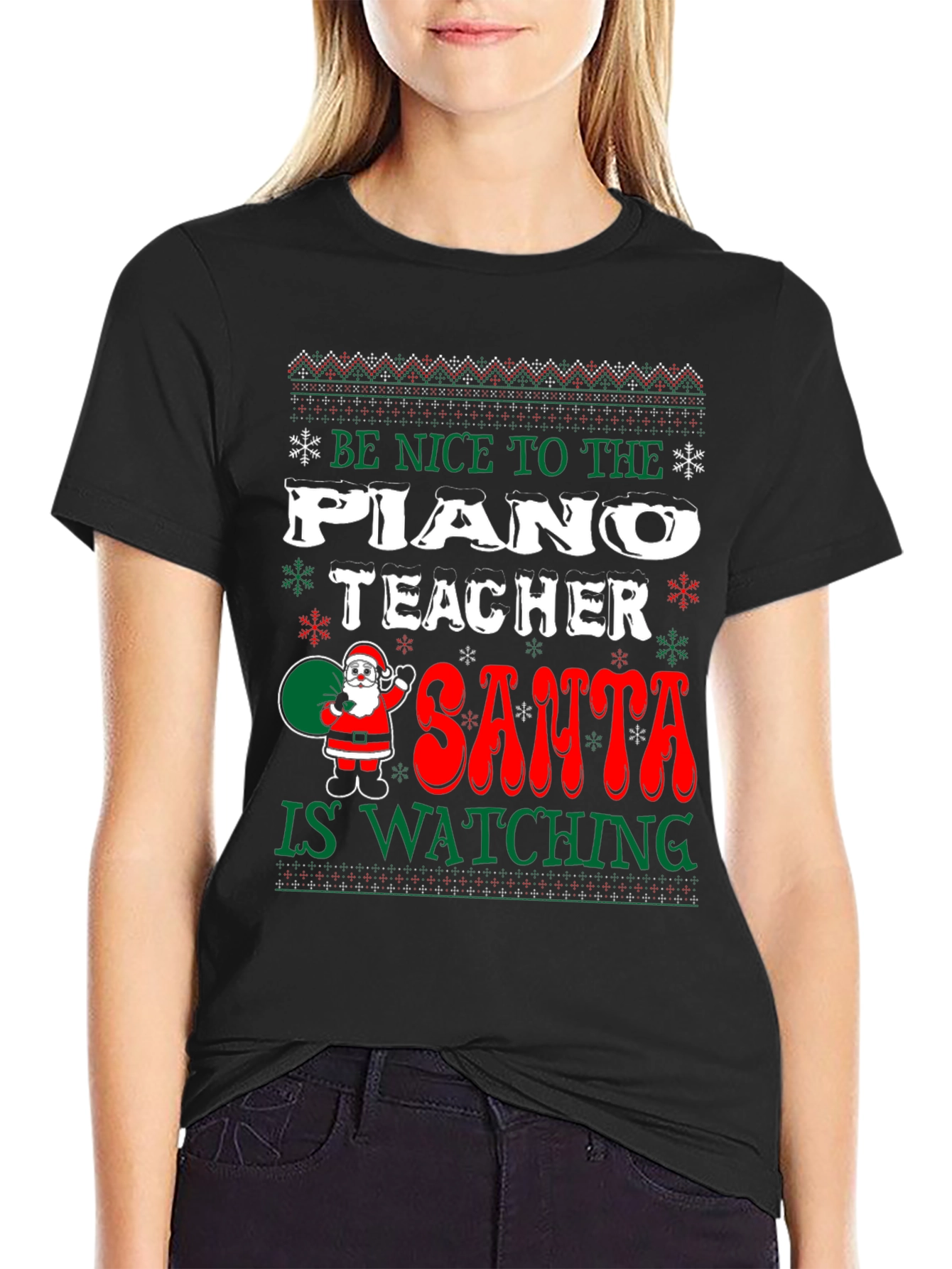Funny Christmas Piano Teacher Santa Watching T-Shirt