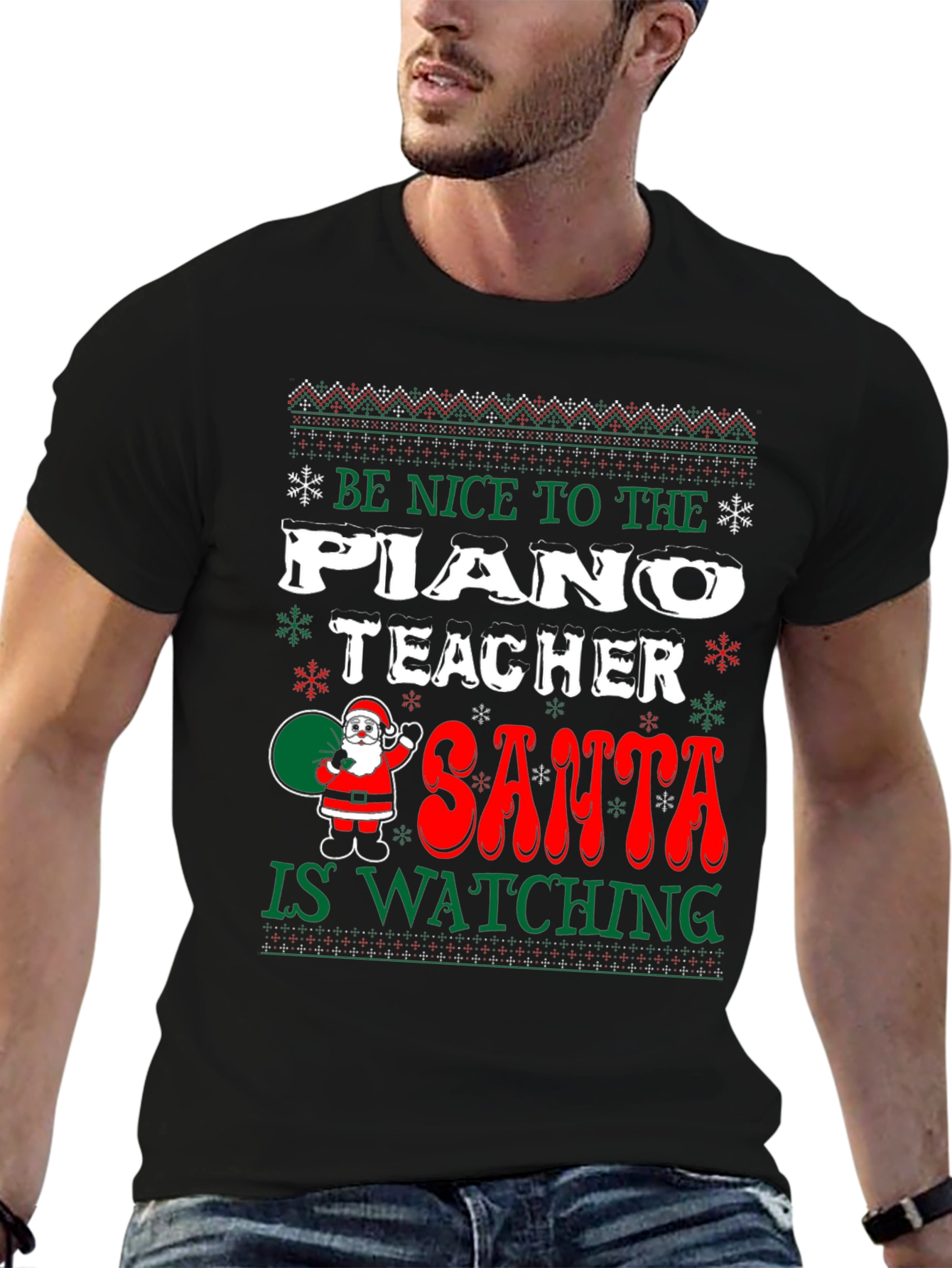 Funny Christmas Piano Teacher Santa Watching T-Shirt