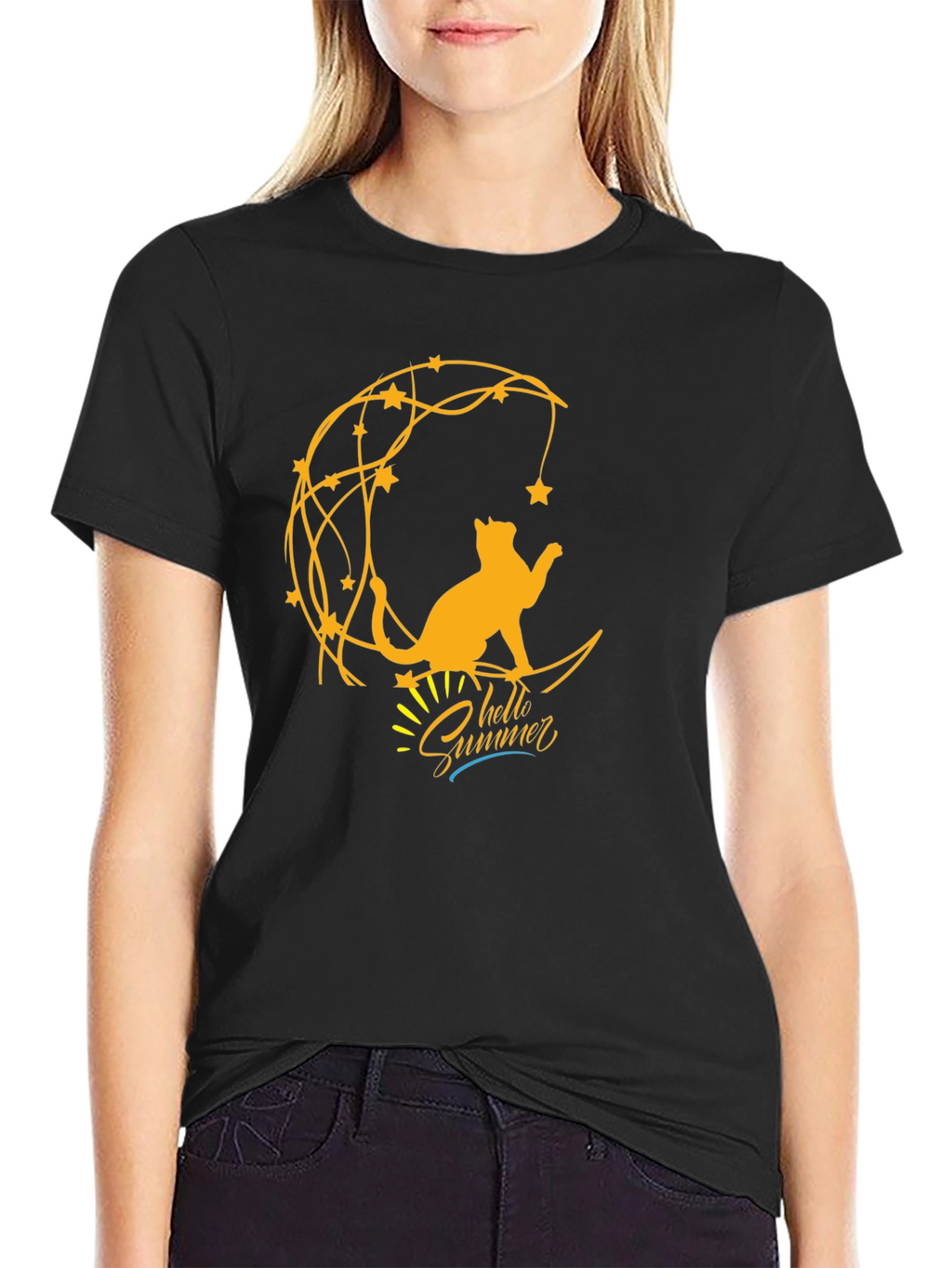 Cat on Moon Graphic Tee - Hello Summer T-Shirt